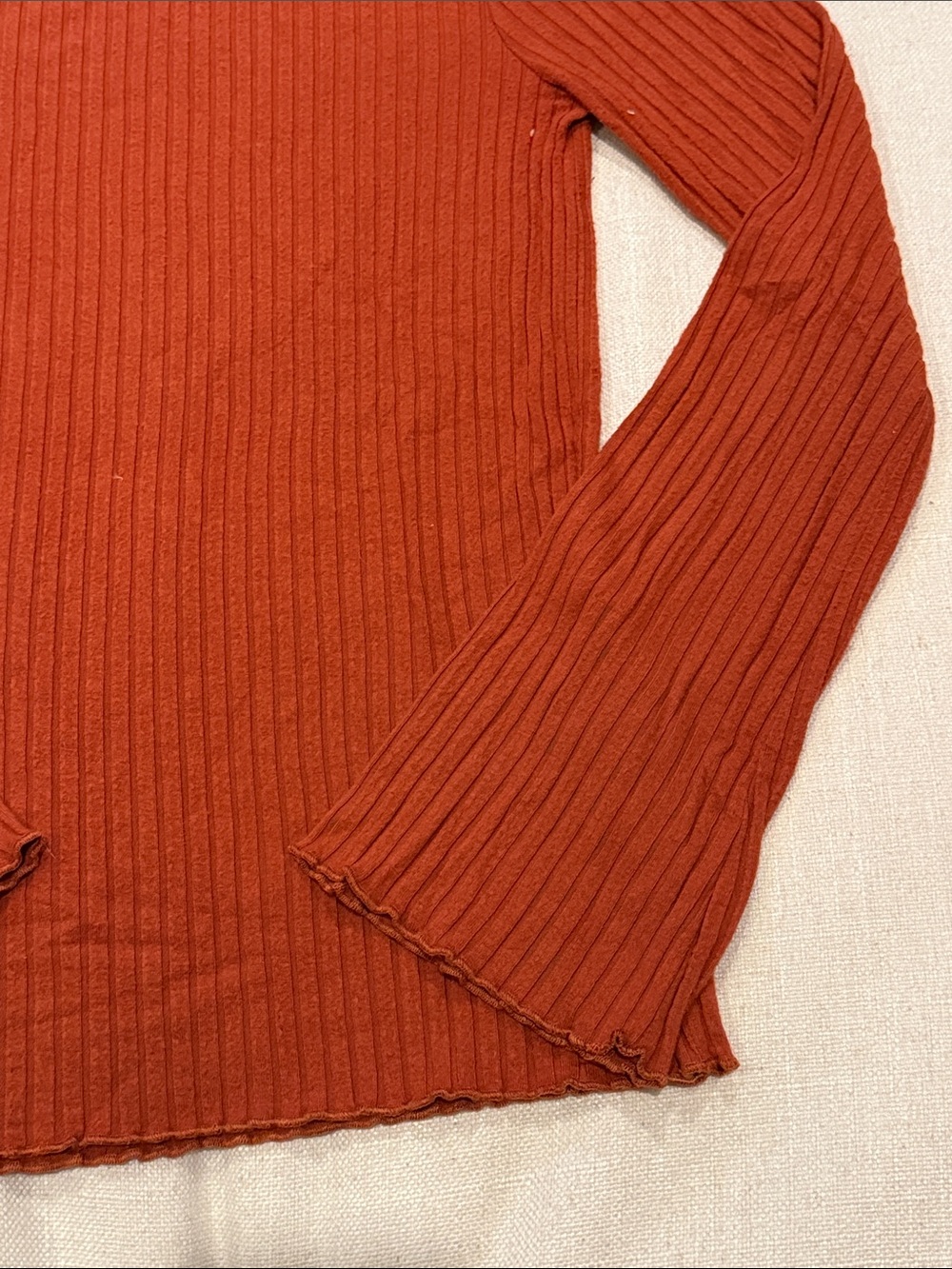 Madewell Rust Ruffled Mock-Neck Ribbed Long-Sleeve Top - Picture 3 of 4